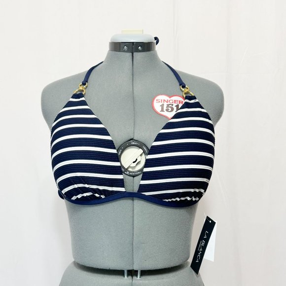 La Blanca NWT Sz 14 Indigo/Capri Stripe Rouched Halter Bikini Swimsuit Top - Picture 7 of 8